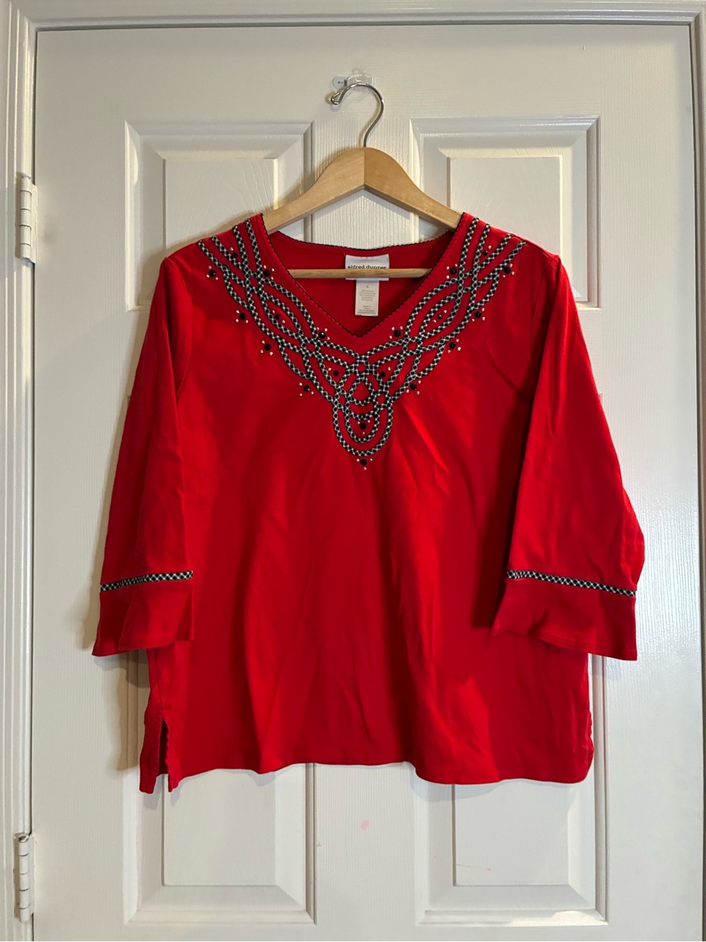 Alfred Dunner Red V-Neck Embellished Women's Top